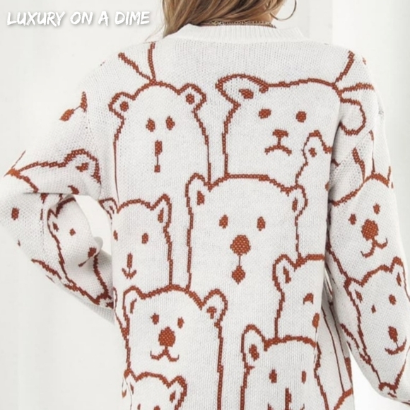 Polar Bear Round Neck Cozy Knit Long Sleeve Oversized Mini Sweater Dress White - Picture 4 of 11